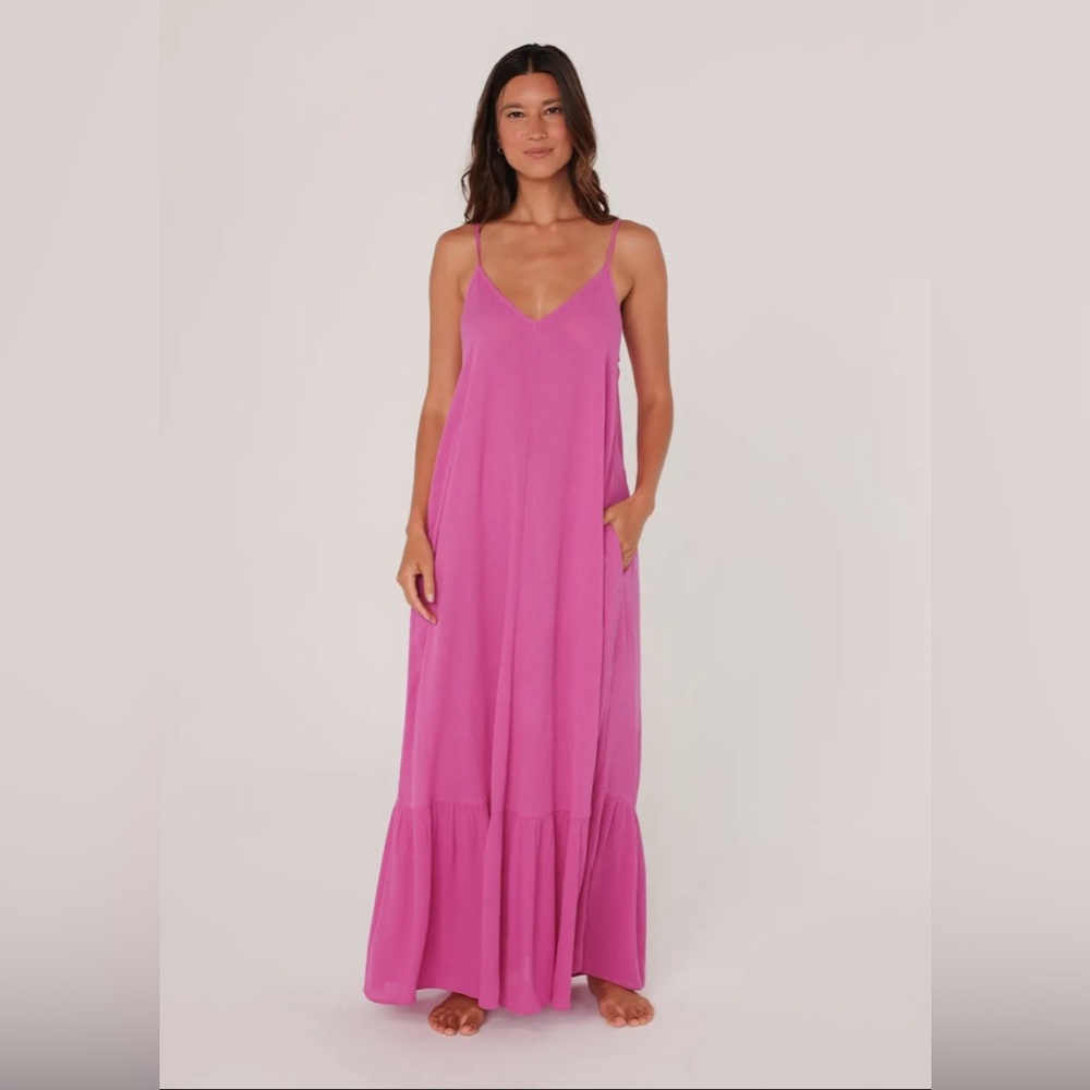 🆕 Billowy Bohemian Sleeveless V Neck Dress Fuchsia Purple